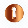 Isolated round keyhole on white transparent background, flat bronze lock element, circle realistic keyhole symbol