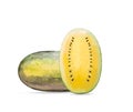 Isolated. Run Run Watermelon, yellow flesh, halved and 1 fruit, vertically positioned Royalty Free Stock Photo