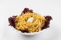 Isolated russian cuisine deaf nest salad on white