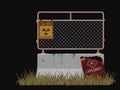 Isolated rusty barrier with radioactive warning sign on black background