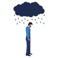 Isolated sad man under a cloud and rain on a white background. Concept of anxiety disorders, mental illness, stress and depression Royalty Free Stock Photo