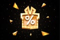 Isolated sales percentage symbol on golden gift box. Special offers vector icon. Discount sign on dark background Royalty Free Stock Photo