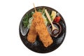 Isolated Salmon tempura sticks is deep fried salmon mixing with tempura flour. Royalty Free Stock Photo