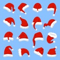 Isolated santa hats, child xmas red hat for celebrating. Christmas holiday symbols, cartoon new year creativity children