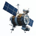 Isolated satellite against white background. Space telecommunication technology. Solar panels, antenna dish transmit data. Royalty Free Stock Photo