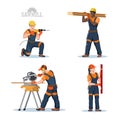 Isolated sawmill workers. Construction industrial scene. Builder use a hand tool. Contractor ocupation. Carpenters