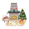 Isolated Scandinavian Christmas interior with fireplace and Christmas tree.Cozy armchair and gifts. Decorated fireplace