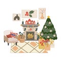 Isolated Scandinavian Christmas interior with fireplace, Christmas tree.Cozy armchair with cushions and woodpile for