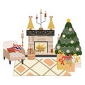 Isolated Scandinavian Christmas interior with fireplace, Christmas tree.Cozy armchair with cushions and woodpile for