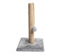 Isolated scratching post on a white background . Pet products. Grey scratching post. Games for animals. Copy space. Article about