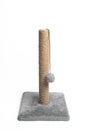 Isolated scratching post on a white background . Pet products. Grey scratching post. Games for animals. Copy space. Article about