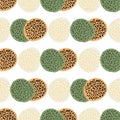 Isolated scribble seamless pattern with dot circles. White background. Green, light pink and orange shapes Royalty Free Stock Photo
