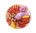 Isolated seacuterie board with raw shrimps, squid, shellfish and langoustines