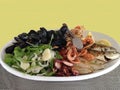 Isolated Seafood Platter: Fresh hot mixed grilled mussels, langoustines, shrimps, octopus and fish with arugula, onion and lemon Royalty Free Stock Photo