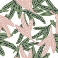 Isolated seamless cartoon pattern with nature reen and pink leaf elements. White background