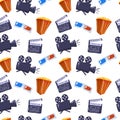 Isolated seamless cinema movie pattern with doodle popcorn, camera, 3d glasses and clapperboard elements. White background, Royalty Free Stock Photo