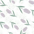 Isolated seamless doodle pattern with tulip simple silhouettes. Light purple flower buds on white background with splashes Royalty Free Stock Photo