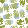 Isolated seamless pattern with blue hand drawn protea flowers elements. Green leaves. White background Royalty Free Stock Photo