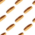 Isolated seamless pattern with doodle creative tasty eclair silhouettes. Chocolate glazed dessert on white background