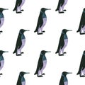 Isolated seamless pattern with doodle funny penguin ornament. WHite background. Exotic zoo backdrop