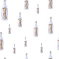 Isolated seamless pattern with glass bottles with messages. White background. Random cartoon doodle print