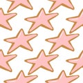 Isolated seamless pattern with new year star shapes cookies. Christmas tasty dessert with pink glaze on white background