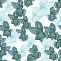 Isolated seamless pattern with random blue orchid flowers ornament. White background. Scrapbook print