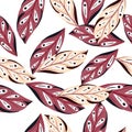 Isolated seamless pattern with random pink geometric leaf ornament. White background. Decorative forest foliage