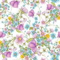Isolated seamless pattern of wildflowers on white background