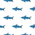 Isolated seamless zoo marine pattern with blue shark fish silhouettes. White background. Simple print Royalty Free Stock Photo