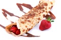 Isolated served pancakes with strawberry and chocolate