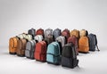 Isolated set, colorful school backpack assortment on white gray background. Mockup Royalty Free Stock Photo
