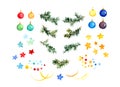 Isolated set of cute christmas decorative elements. Fir tree branches, baubles, stars. Watercolor Royalty Free Stock Photo