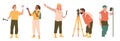 Isolated set of different people geologist cartoon character using various equipment for work