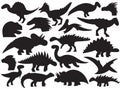 Isolated set dinosaur black silhouettes jurassic prehistoric monster bodies and head on white Royalty Free Stock Photo
