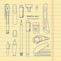 Solated set of hand drawn stationery. Sketch writing items. Doodle office supplies, Pencil, Pen, correction fluid, marker, Cutter. Royalty Free Stock Photo