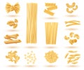 Isolated Set of Italian Pasta. Farfalle, Conchiglie, Linguine, Maccheroni, Penne, Rigate, Spaghetti, Fusilli and Lasagne Royalty Free Stock Photo