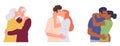 Isolated set of loving couple of different age kissing and hugging together on white background