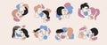 Isolated set of modern faces with abstract shapes, Vector stock illustration with outline heads of LGBTQ couple like kiss, hug