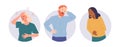 Isolated set of round icon composition with sick unhealthy people cartoon character with flu symptom