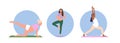 Isolated set of round icon composition with pregnant woman doing yoga exercise physical training