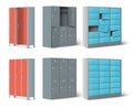 Isolated set of stainless steel grey and colored lockers for storage