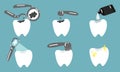 An isolated set of teeth. The process of caries removal and filling. Treatment in dentistry. Dentist appointment. Vector