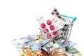 Isolated shopping cart full of medicine with pills and capsules and euro banknotes. money . drug cost concept Royalty Free Stock Photo