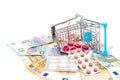Isolated shopping cart full of medicine with pills and capsules and euro banknotes. money . drug cost concept Royalty Free Stock Photo