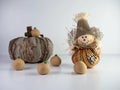 Isolated shot of stale and artificial pumpkins with scary snowman on a white background