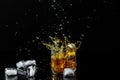Isolated shot of whiskey with splash on dark background, brandy in a glass splashes from falling ice fly in different directions. Royalty Free Stock Photo