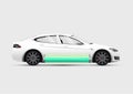 Isolated side view electric car with charged green battery at bottom. Vector illustration