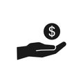 Isolated silhouette of coin, money in black hand on white background. Symbol of cash, charity, investment, wealth, payment,