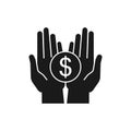 Isolated silhouette of coin money in two black hands on white background. Symbol of cash charity investment. Icon of wealth